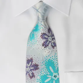 Austin Reed Rhinestone Necktie Floral On Blue With Silver Sparkles