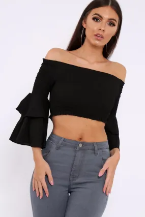 Black Ruffle Sleeve Shirred Bardot Cropped Top - Henryetta