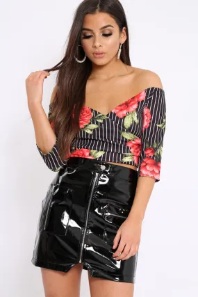 Black Stripe and Floral Bardot Crop Top - Suze