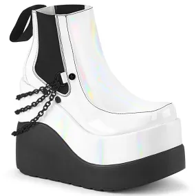 Demonia VOID-50 | White Holographic Patent Ankle Boots