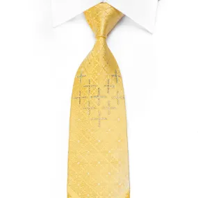 Elegance Men's Crystal Rhinestone Silk Necktie Damask On Yellow With Gold Sparkles