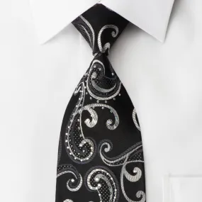 Elegance Rhinestone Silk Necktie Silver Scrolls On Black With Silver Sparkles