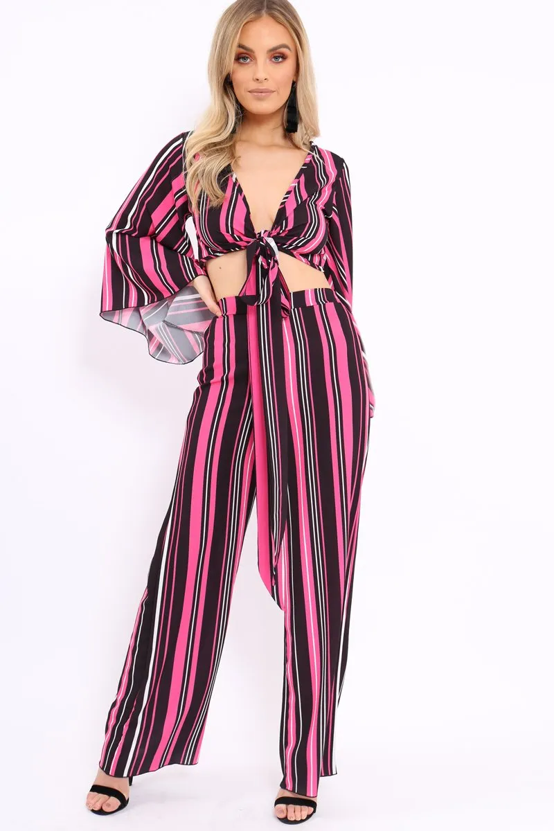 Fuchsia, Black and White Striped High Waist Flare Trousers - Jen