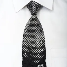 Grang Cia Men's Silk Tie Silver Geometric & Floral On Black Sparkling With Rhinestones