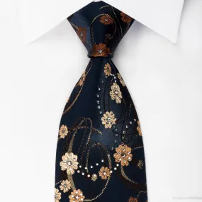 Guy Laroche SIlk Rhinestone Necktie Floral On Navy With Sparkles