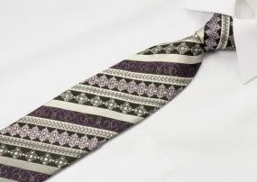 Indian Homme Rhinestone Tie Silver Striped On Black Silk With Fleur De Lis Motif & Sparkles