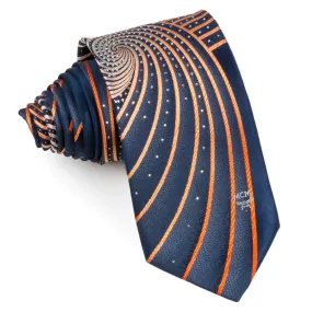 MCM Silk Necktie Orange Spirals On Blue With Rhinestones Classic 3 1/2 Inch