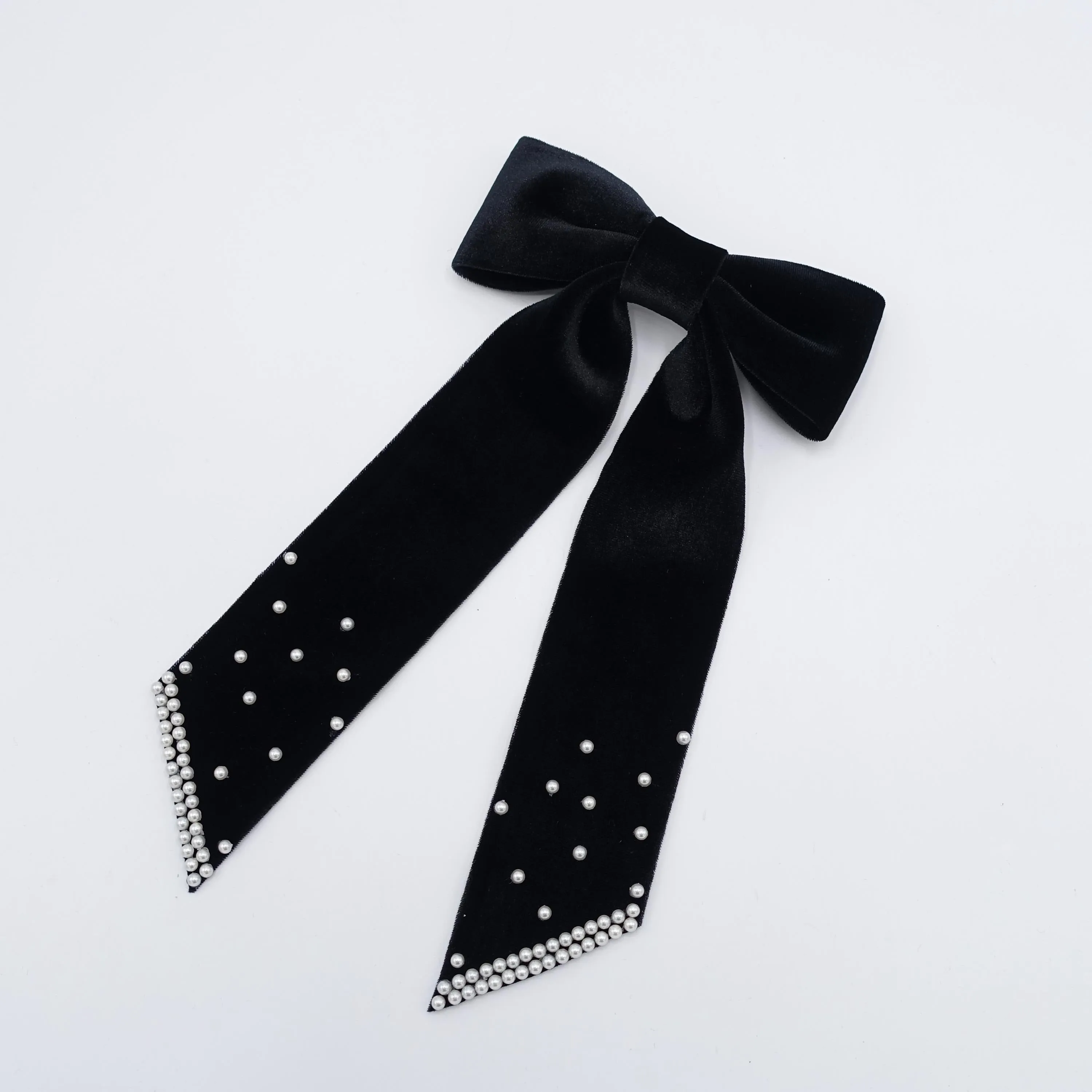 velvet hair bow, long tail hair bow, pearl velvet bow for women