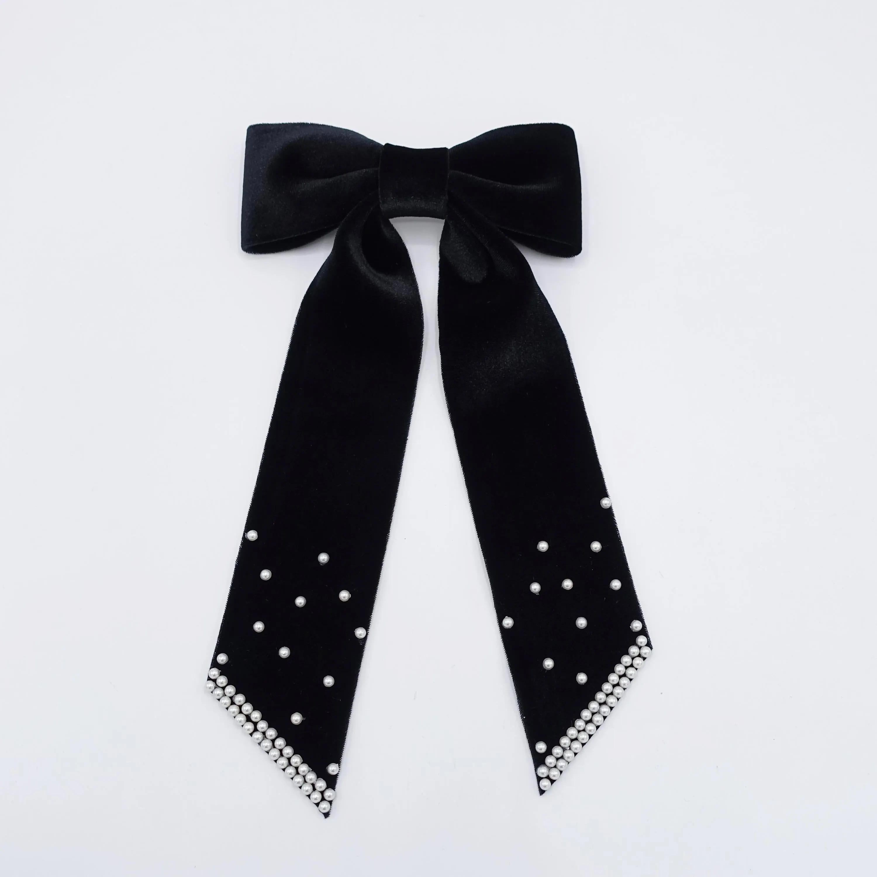 velvet hair bow, long tail hair bow, pearl velvet bow for women