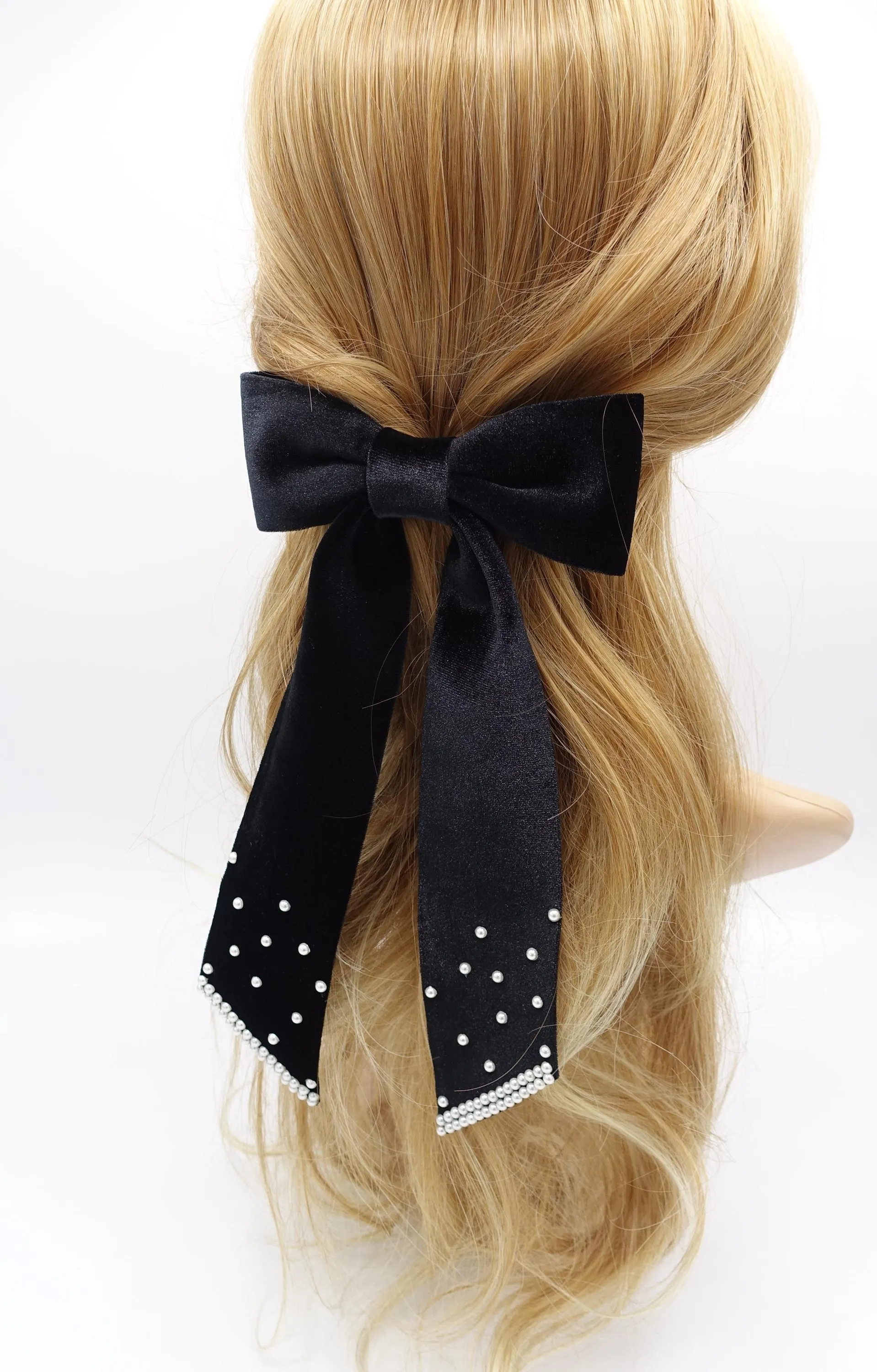 velvet hair bow, long tail hair bow, pearl velvet bow for women